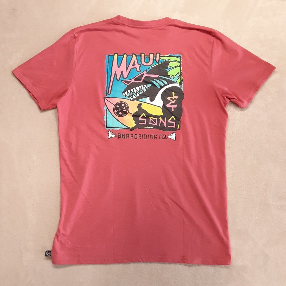 Maui And Sons Mens Graphic Tee Large Pink Shaka & Sons Surfboard SS Crew